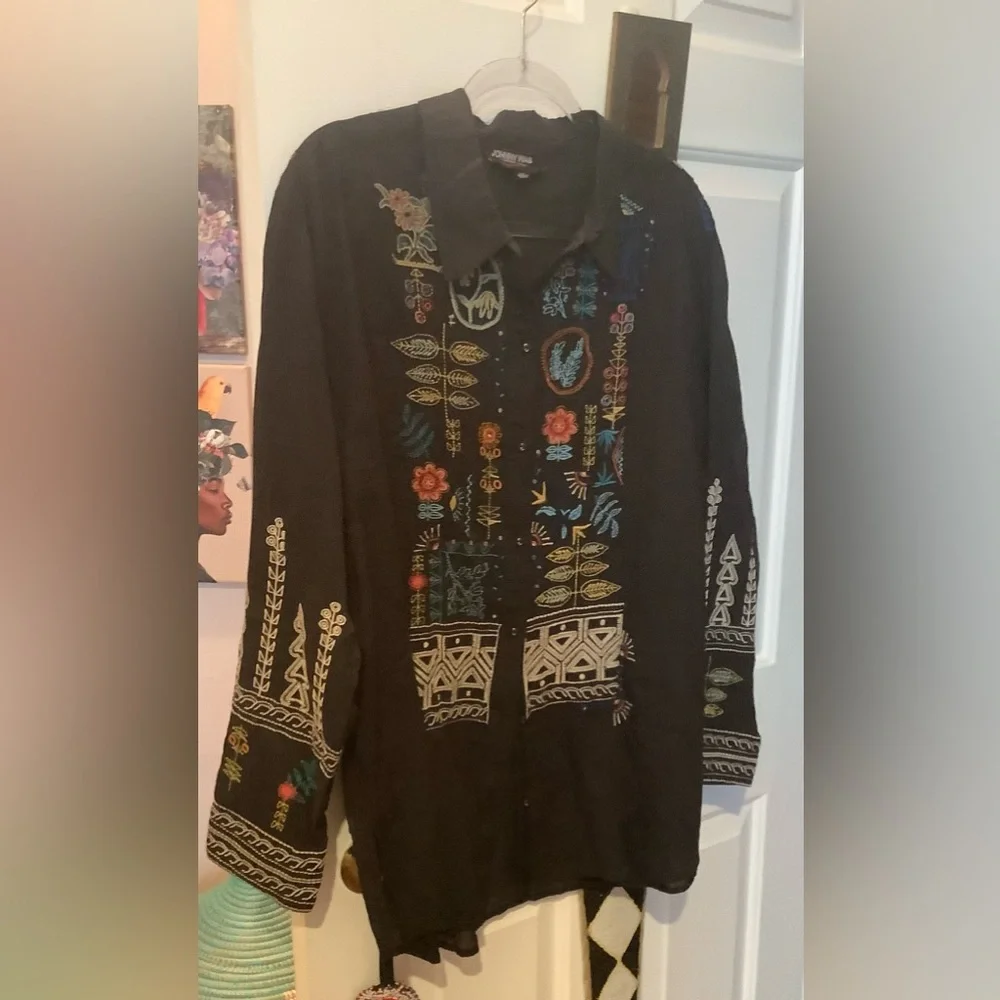 Johnny Was Black Cotton Long Sleeve Shirt with Embroidery.  Size XXL, NWOT.